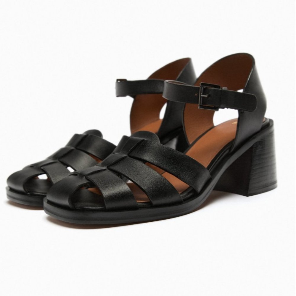 Zara Heeled Black Leather Fisherman Sandals, size 9, worn once